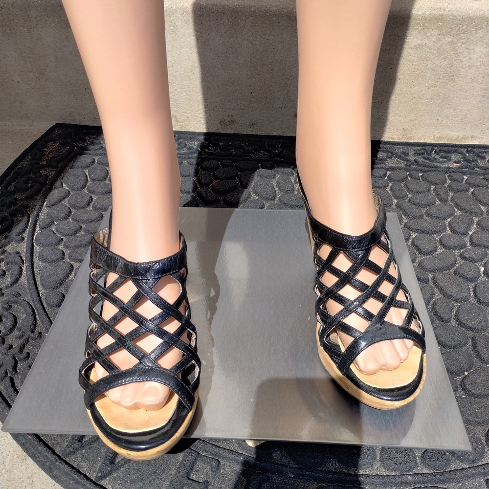 Sofft Black Lattice Strappy Wedge Sandals